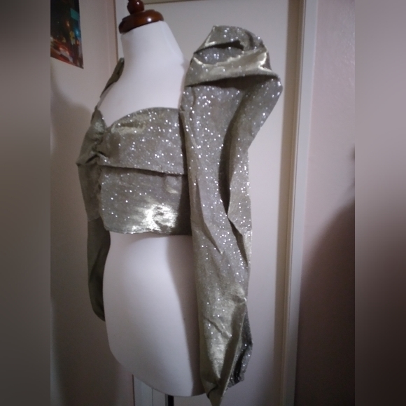 SALE$ NWT Missguided Gold Glitter Puff Sleeve Ruched Front Crop Top- US 12 - Picture 5 of 7